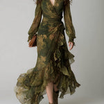 Green Floral Print Irregular Layered Ruffle Chiffon Maxi Dress