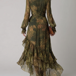 Green Floral Print Irregular Layered Ruffle Chiffon Maxi Dress