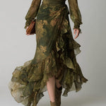 Green Floral Print Irregular Layered Ruffle Chiffon Maxi Dress