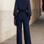 Navy Blue Ruffled Chiffon Top And Wide-leg Pants Two-piece Set