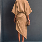 Khaki Draped Asymmetrical Short-sleeved Midi Dress