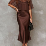 Brown Chiffon Blouse And Satin Midi Dress Two-piece Set