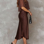 Brown Chiffon Blouse And Satin Midi Dress Two-piece Set
