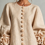 Beige Floral Button-down Mini Dress With Striking Floral Cuffs