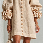 Beige Floral Button-down Mini Dress With Striking Floral Cuffs