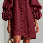 Burgundy Floral Button-Down Mini Dress with Striking Floral Cuffs