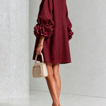 Burgundy Floral Button-Down Mini Dress with Striking Floral Cuffs