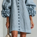 Dusty Blue Floral Button-down Mini Dress With Striking Floral Cuffs