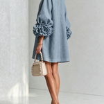 Dusty Blue Floral Button-Down Mini Dress with Striking Floral Cuffs