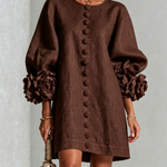 Chocolate Brown Floral Button-Down Mini Dress with Striking Floral Cuffs
