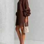 Chocolate Brown Floral Button-Down Mini Dress with Striking Floral Cuffs