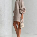 Mushroom Taupe Floral Button-down Mini Dress With Striking Floral Cuffs