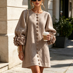 Mushroom Taupe Floral Button-down Mini Dress With Striking Floral Cuffs