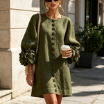Fatima - Olive Floral Button-Down Mini Dress with Statement Sleeves