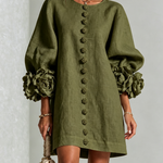 Olive Floral Button-down Mini Dress With Striking Floral Cuffs