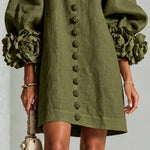 Fatima - Olive Floral Button-Down Mini Dress with Statement Sleeves