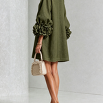 Olive Floral Button-down Mini Dress With Striking Floral Cuffs