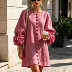 White Floral Button-down Mini Dress With Striking Floral Cuffs