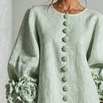 Sage Mist Floral Button-down Mini Dress With Striking Floral Cuffs