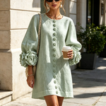 Sage Mist Floral Button-down Mini Dress With Striking Floral Cuffs