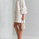 White Floral Button-down Mini Dress With Striking Floral Cuffs