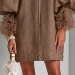 Brown Zip-Front Balloon Sleeve Mini Dress With Pleated Ruffle Cuffs