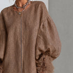 Brown Zip-Front Balloon Sleeve Mini Dress With Pleated Ruffle Cuffs
