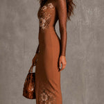 Brown Sheer Slim-Fit Midi Pencil Dress With Floral and Polka-Dot Print