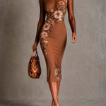Brown Sheer Slim-Fit Midi Pencil Dress With Floral and Polka-Dot Print