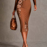 Brown Sheer Slim-Fit Midi Pencil Dress With Floral and Polka-Dot Print