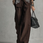 Relaxed Brown Loose-fitting Embroidered Shirt And Wide-leg Pants Suit