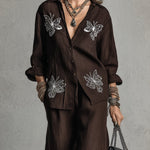 Relaxed Brown Loose-fitting Embroidered Shirt And Wide-leg Pants Suit