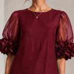 Burgundy Organza Puff-sleeved Mini Dress With Striking Floral Cuffs