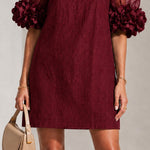 Burgundy Organza Puff-sleeved Mini Dress With Striking Floral Cuffs