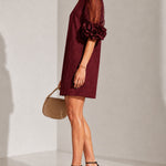 Burgundy Sheer Puff-Sleeve Mini Dress with Striking Floral Cuffs