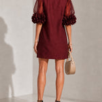 Burgundy Organza Puff-sleeved Mini Dress With Striking Floral Cuffs