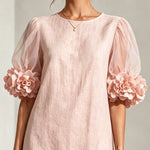 Pink Sheer Puff-Sleeve Mini Dress with Striking Floral Cuffs
