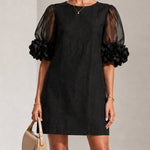 Black Sheer Puff-Sleeve Mini Dress with Striking Floral Cuffs