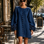 Navy Long Sleeve Floral Button-Down Mini Dress with Striking Floral Cuffs