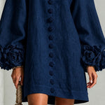 Navy Long Sleeve Floral Button-Down Mini Dress with Striking Floral Cuffs