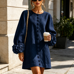 Navy Long Sleeve Floral Button-Down Mini Dress with Striking Floral Cuffs