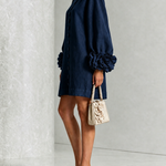 Navy Long Sleeve Floral Button-Down Mini Dress with Striking Floral Cuffs