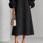 Black Floral Button-Down Midi Dress with Striking Floral Cuffs