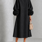 Black Floral Button-Down Midi Dress with Striking Floral Cuffs