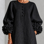 Black Floral Button-Down Midi Dress with Striking Floral Cuffs