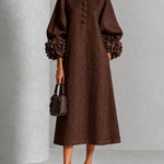 Chocolate Brown Floral Button-Down Midi Dress with Striking Floral Cuffs