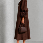 Chocolate Brown Floral Button-down Midi Dress With Striking Floral Cuffs
