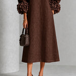 Chocolate Brown Floral Button-Down Midi Dress with Striking Floral Cuffs