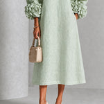 Sage Mist Floral Button-Down Midi Dress with Striking Floral Cuffs