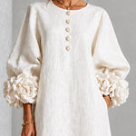 White Floral Button-down Midi Dress With Striking Floral Cuffs